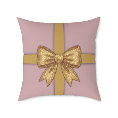 Blush Pink & Gold Gift Box Throw Pillow – Holiday Icon Pattern Canvas Cushion