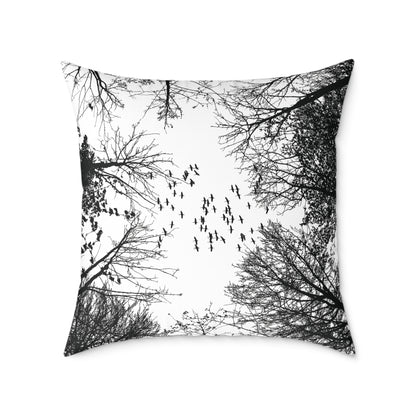 Look Up – Birds in Flight Tree Tops Silhouette Throw Pillow for Dreamers & Forestcore Souls - Canvas Throw Pillow Decor