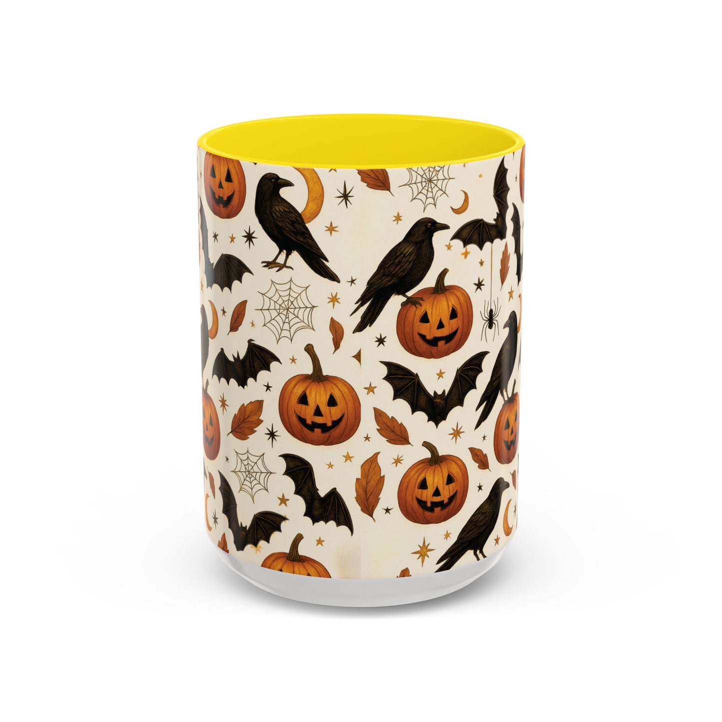 Halloween Raven & Pumpkin Color Accent Mug – Gothic Crow, Bats & Jack-o’-Lantern Coffee Cup (11oz & 15oz) – Spooky Autumn Drinkware