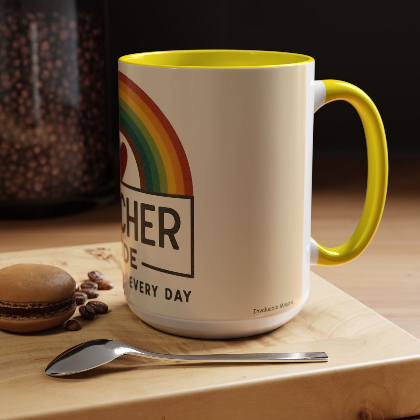 Teacher Mode – Color Accent Mug (11oz/15oz) • Rainbow Heart • Teacher Gift • Dishwasher & Microwave Safe