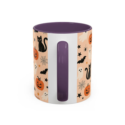 Halloween Color Accent Mug – Ghosts, Pumpkins & Black Cats, Fall Coffee Cup (11oz & 15oz) – Boutique Spooky Season Drinkware