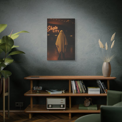 Ghost at the Roller Rink Canvas Wall Art – Retro 80s Nostalgic Halloween Decor