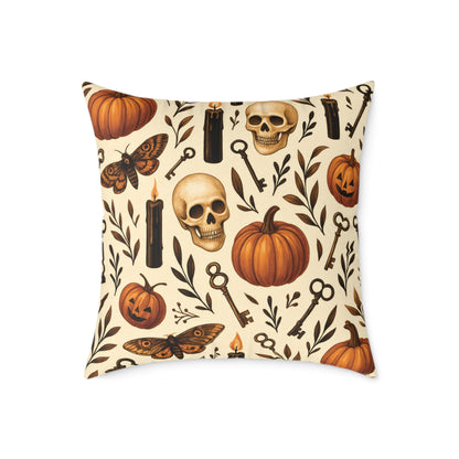 Gothic Halloween Throw Pillow – Colorway Poly Canvas – Reversible Plaid – Skulls, Moths & Black Candles – Premium Fall Decor