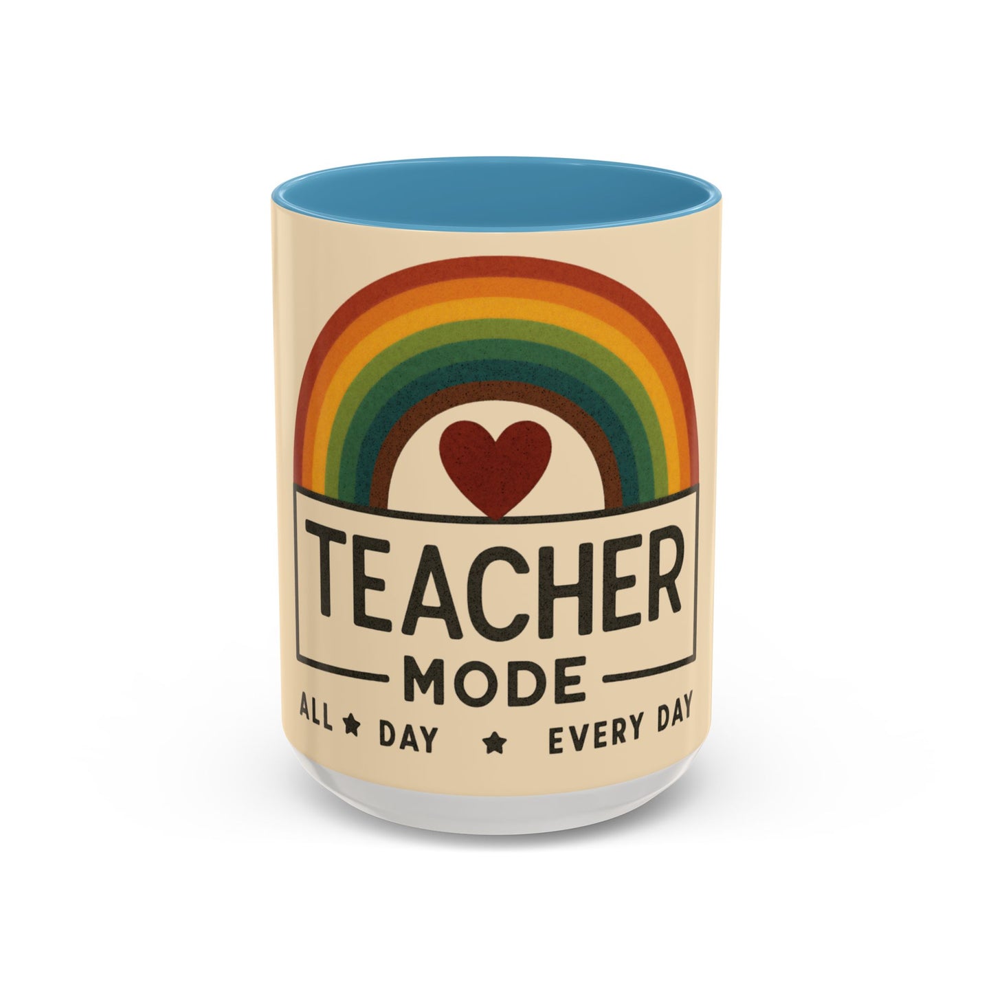 Teacher Mode – Color Accent Mug (11oz/15oz) • Rainbow Heart • Teacher Gift • Dishwasher & Microwave Safe