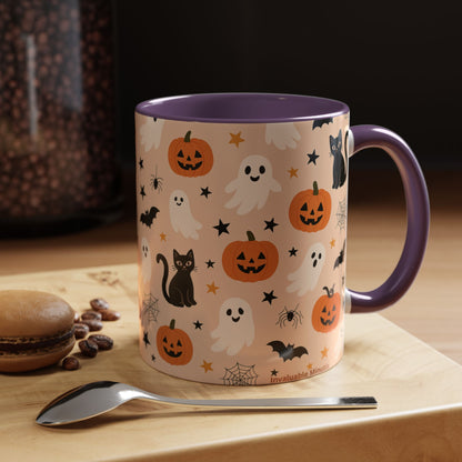 Halloween Color Accent Mug – Ghosts, Pumpkins & Black Cats, Fall Coffee Cup (11oz & 15oz) – Boutique Spooky Season Drinkware