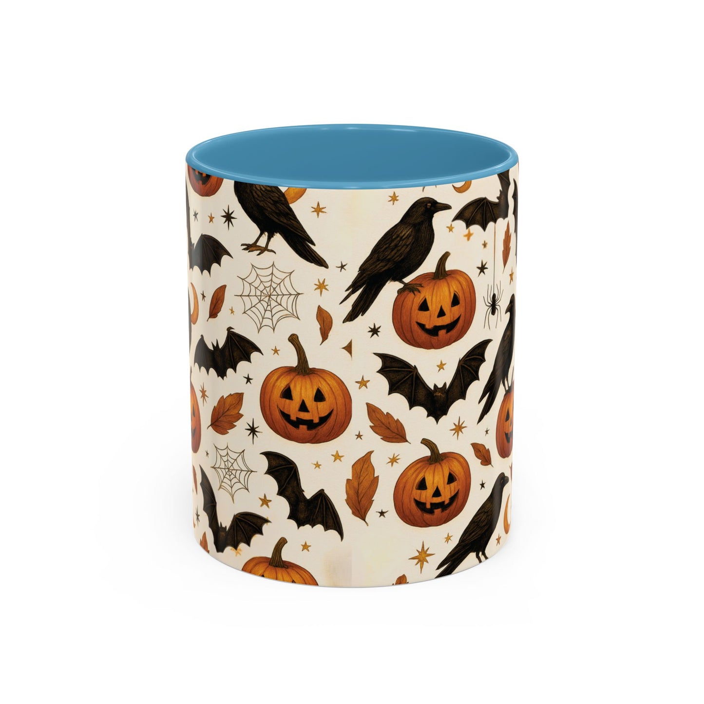 Halloween Raven & Pumpkin Color Accent Mug – Gothic Crow, Bats & Jack-o’-Lantern Coffee Cup (11oz & 15oz) – Spooky Autumn Drinkware