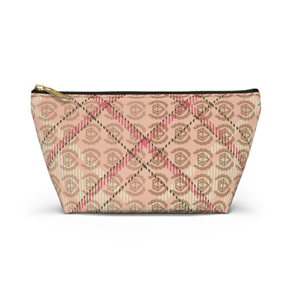 Elegant Plaid T-Bottom Accessory Pouch • Soft Pink Travel Bag with Boutique Monogram • Small or Large Sizes