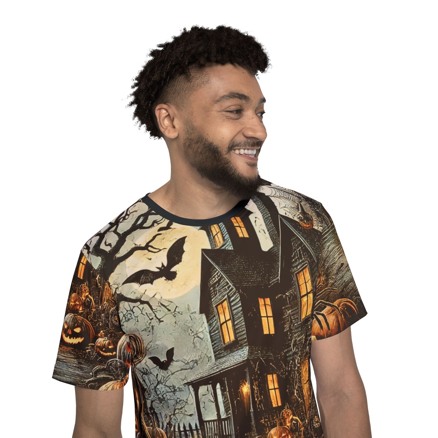 Haunted Pathway – Gothic AOP Unisex Halloween T-Shirt | Pumpkins, Bats & Haunted House Halloween Tee