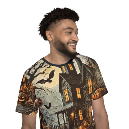 Haunted Pathway – Gothic AOP Unisex Halloween T-Shirt | Pumpkins, Bats & Haunted House Halloween Tee