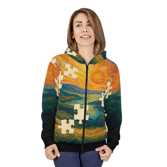 Missing Pieces – AOP Zip-Up Puzzle Hoodie | Unisex Statement Streetwear | All-Over Print by Invaluable Minutia