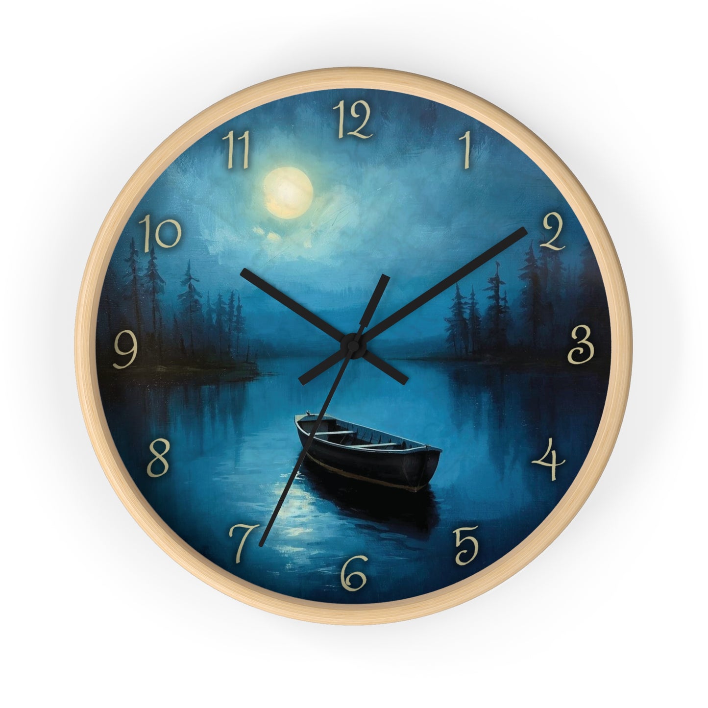 Moonlit Lake Wall Clock – Serene Night Boat Scene 10" Decor