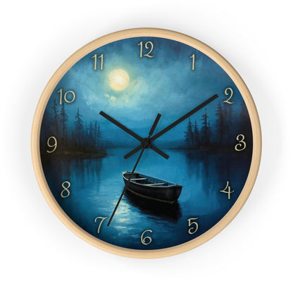 Moonlit Lake Wall Clock – Serene Night Boat Scene 10" Decor