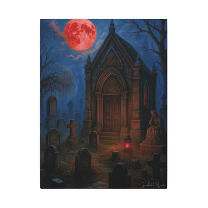 "Blood Moon Mausoleum" – Gothic Graveyard Fine Art Matte Canvas Print (Vertical)