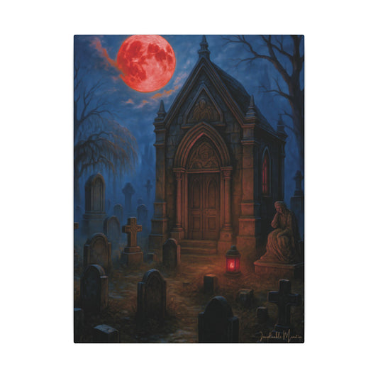 "Blood Moon Mausoleum" – Gothic Graveyard Fine Art Matte Canvas Print (Vertical)