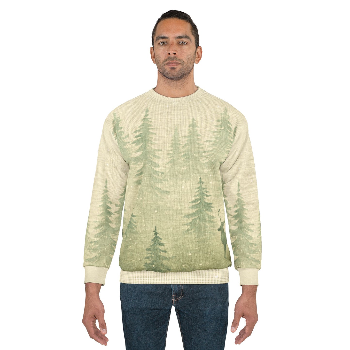 Nordic Woodlands All-Over Print Sweatshirt — Minimalist Winter Forest Scene (MMW Premium AOP Fleece)