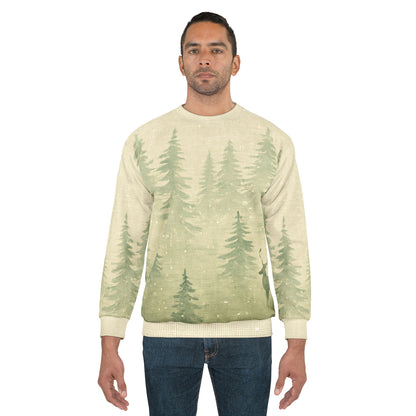Nordic Woodlands All-Over Print Sweatshirt — Minimalist Winter Forest Scene (MMW Premium AOP Fleece)