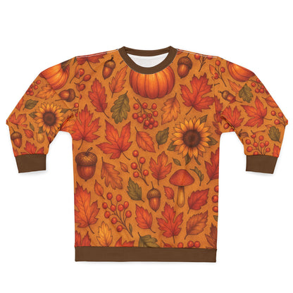Autumn Harvest AOP Unisex Sweatshirt | Cozy Fall Leaves, Pumpkins & Sunflowers | All-Over Print | Free Worldwide Shipping