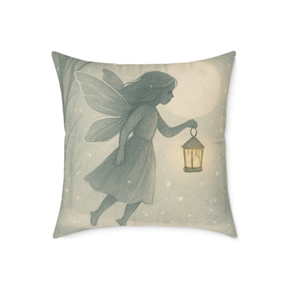 Cozy Winter Fairy Throw Pillow – Tea on a Toadstool & Lantern Fairy Canvas Cushion