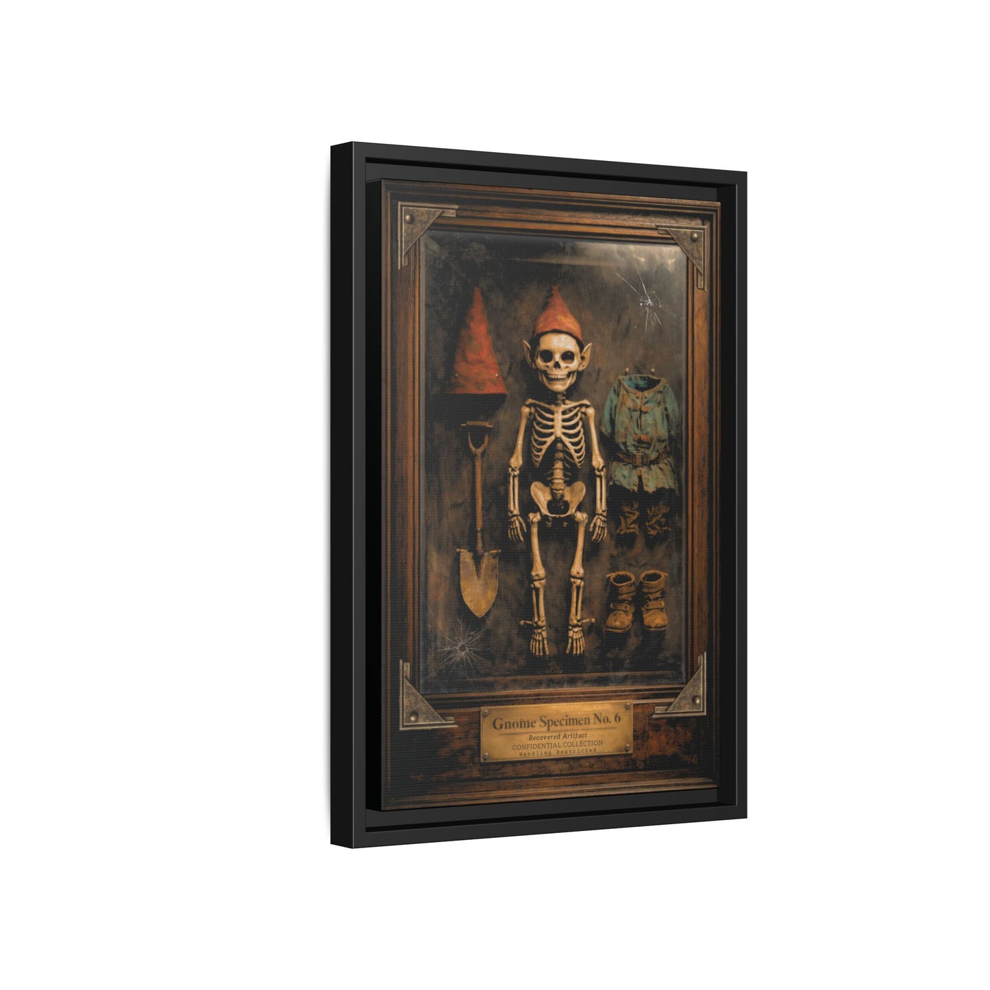 Gnome Specimen No. 6 Framed Canvas Print – Dark Curiosity Cabinet Wall Art, Gothic Skeleton Gnome Decor