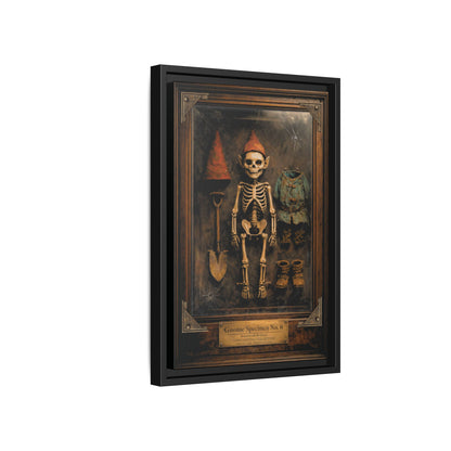 Gnome Specimen No. 6 Framed Canvas Print – Dark Curiosity Cabinet Wall Art, Gothic Skeleton Gnome Decor