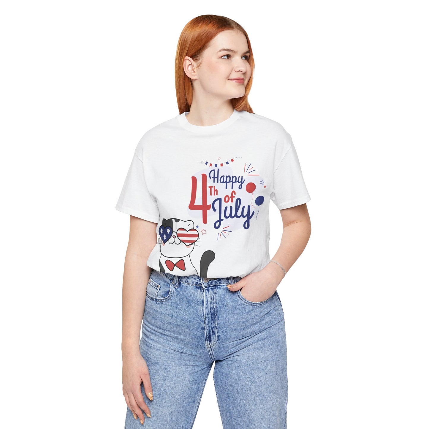Patriotic Party Cat Tee – Happy 4th of July – Unisex Bella+Canvas Jersey Tee - 4th of July Tee