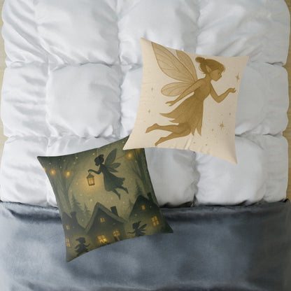 Winter Night Fairies Throw Pillow – Lantern Village Scene Dual-Sided Canvas Cushion