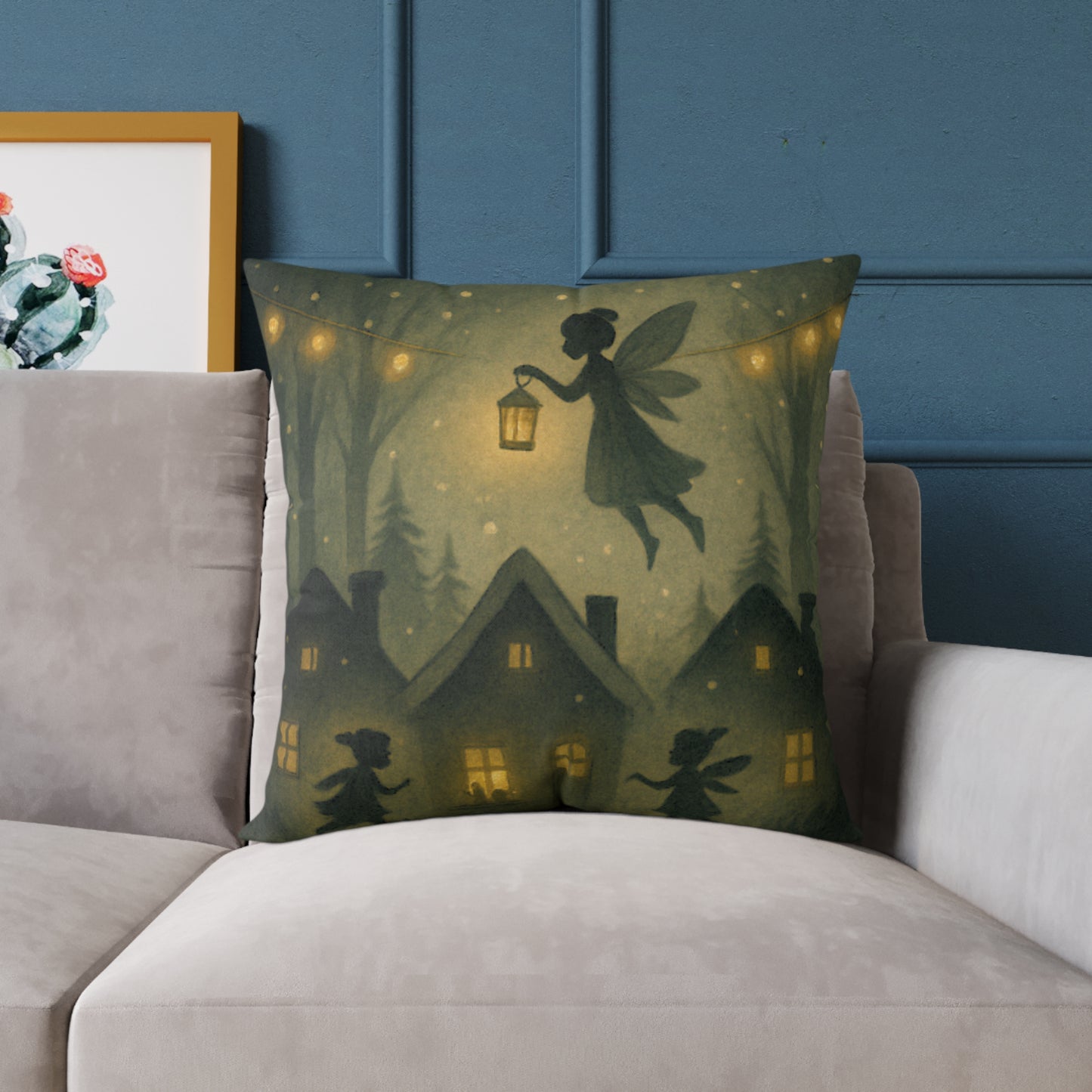 Winter Night Fairies Throw Pillow – Lantern Village Scene Dual-Sided Canvas Cushion