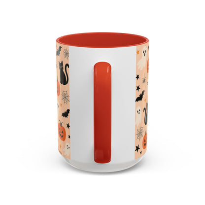 Halloween Color Accent Mug – Ghosts, Pumpkins & Black Cats, Fall Coffee Cup (11oz & 15oz) – Boutique Spooky Season Drinkware