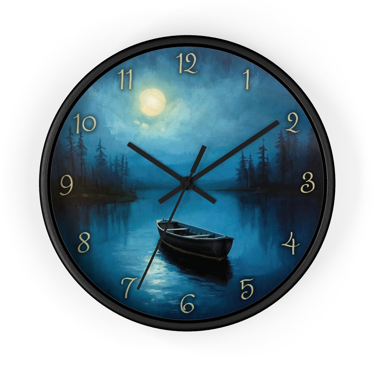 Moonlit Lake Wall Clock – Serene Night Boat Scene 10" Decor
