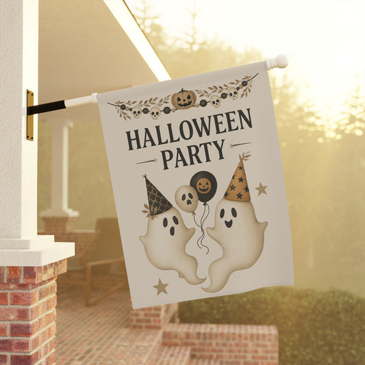 Halloween Party Garden Flag – Cream Background Ghosts with Balloons & Party Hats | Vintage Outdoor Halloween Decor