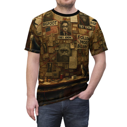 Bigfoot Conspiracy Tee, Unisex T-Shirt, Funny Graphic Tee, Unique Gift for Halloween, Cryptid Lover Fashion, AOP Apparel