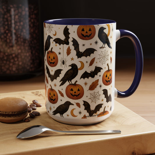 Halloween Raven & Pumpkin Color Accent Coffee Mug – (11oz & 15oz) – Spooky Autumn Drinkware