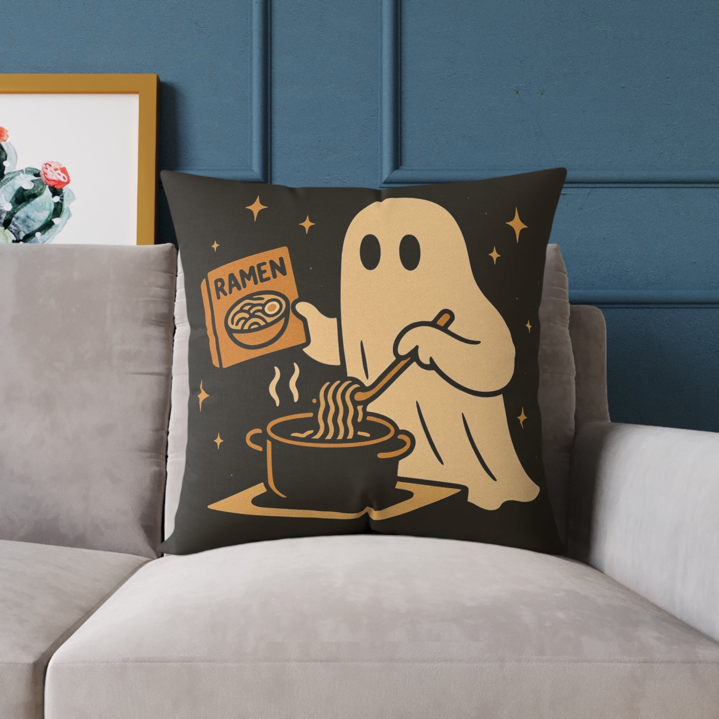 Ghost Making Ramen Canvas Throw Pillow – Spooky Chores Collection