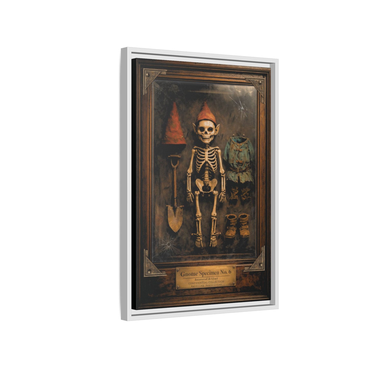 Gnome Specimen No. 6 Framed Canvas Print – Dark Curiosity Cabinet Wall Art, Gothic Skeleton Gnome Decor
