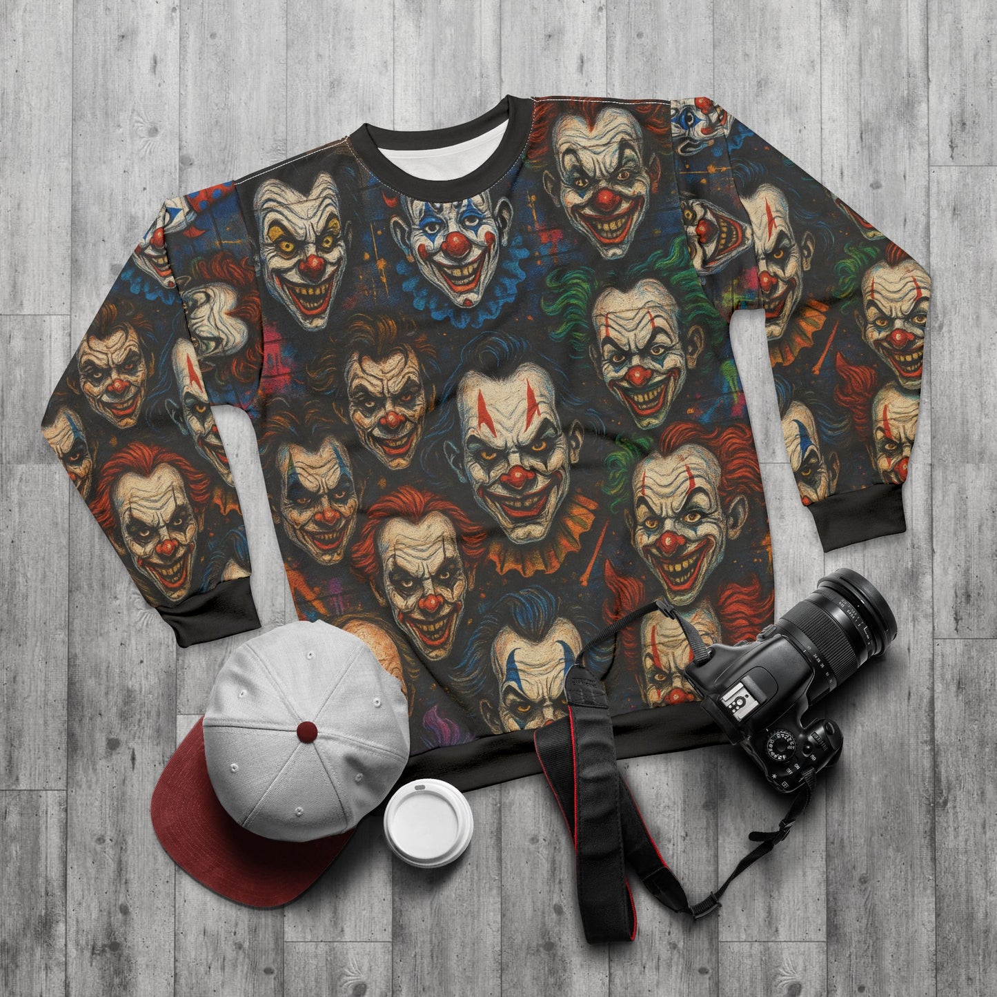 Carnival of Nightmares AOP Unisex Sweatshirt – Creepy Clown Faces | Spooky Season Horror Crewneck | Free Worldwide Shipping