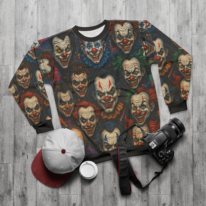 Carnival of Nightmares AOP Unisex Sweatshirt – Creepy Clown Faces | Spooky Season Horror Crewneck | Free Worldwide Shipping