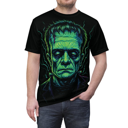 Frankenstein's Monster AOP Halloween T-Shirt – Electric Neon Green Extra Large Print Tee (All-Over Print)