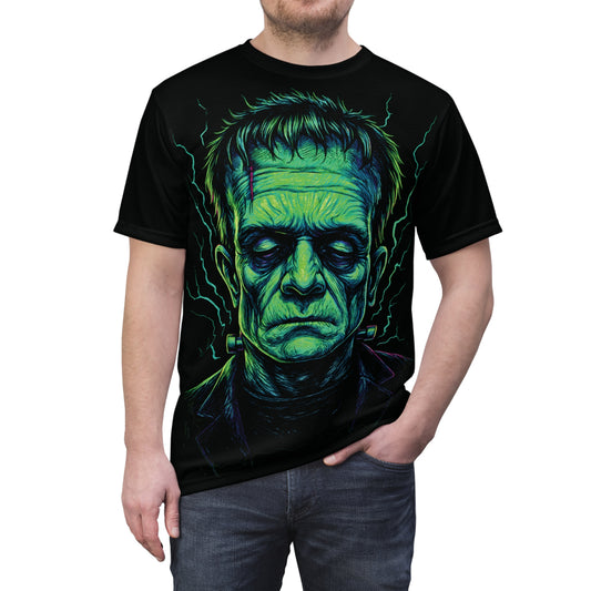 Frankenstein's Monster AOP Halloween T-Shirt – Electric Neon Green Extra Large Print Tee (All-Over Print)