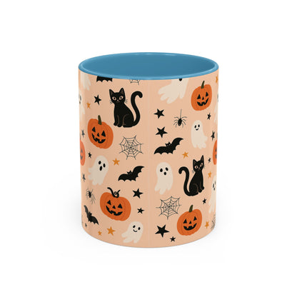 Halloween Color Accent Mug – Ghosts, Pumpkins & Black Cats, Fall Coffee Cup (11oz & 15oz) – Boutique Spooky Season Drinkware