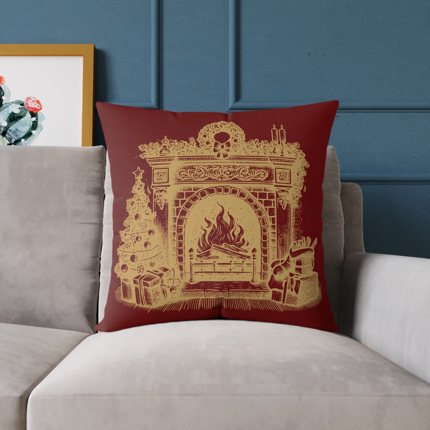 Vintage Fireplace Christmas Throw Pillow – Red & Gold Mantel with Candy Cane Pattern Back