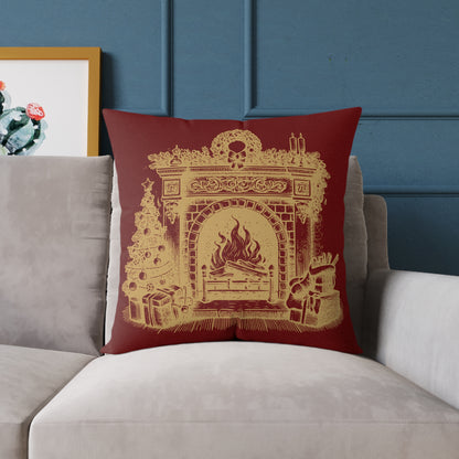 Vintage Fireplace Christmas Throw Pillow – Red & Gold Mantel with Candy Cane Pattern Back