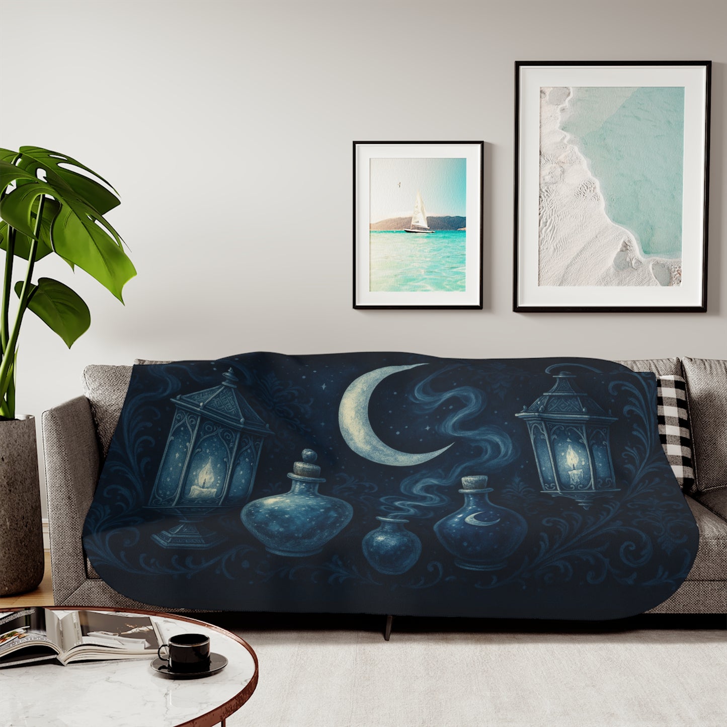 Witchy Winter Sherpa Blanket – Crescent Moon, Lanterns & Potion Bottles