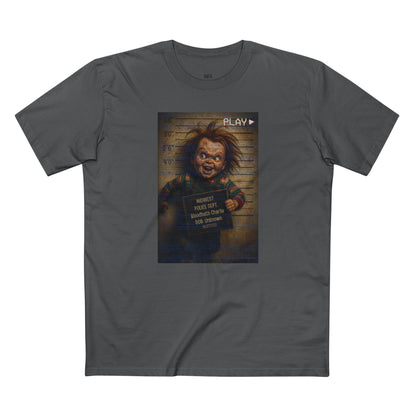 Creepy Killer Doll Mugshot T-Shirt – Halloween Horror Tee, Boutique DTG Print, Premium Cotton Tee, 90s VHS Aesthetic