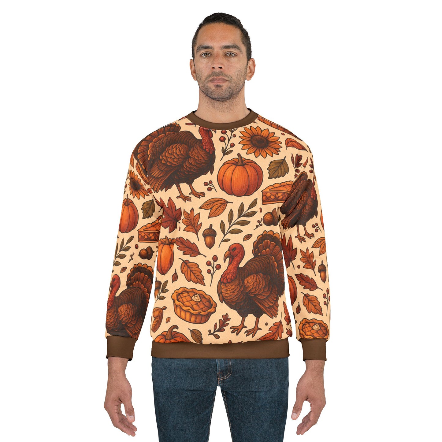 Thanksgiving Turkey Feast AOP Unisex Sweatshirt | Cozy Fall Sweater | Pumpkins, Pies & Autumn Leaves | Free Worldwide Shipping