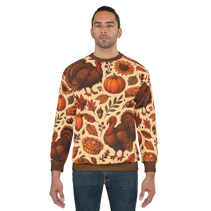 Thanksgiving Turkey Feast AOP Unisex Sweatshirt | Cozy Fall Sweater | Pumpkins, Pies & Autumn Leaves | Free Worldwide Shipping