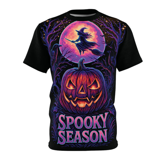 Neon Halloween AOP T-Shirt – Spooky Season Jack-o’-Lantern & Witch Design (All-Over Print)