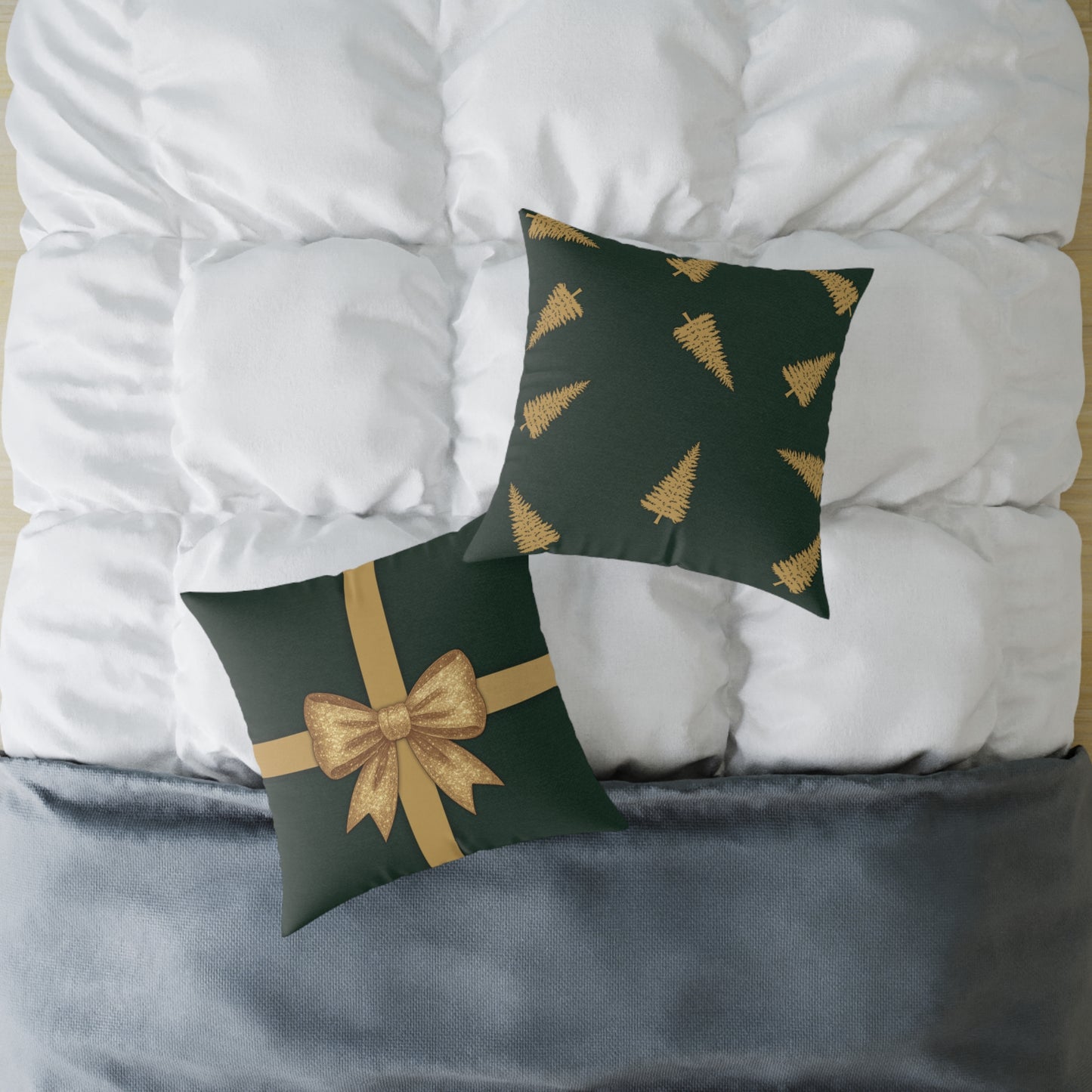 Emerald Gift Box Throw Pillow – Green & Gold Present with Pine Tree Pattern Back