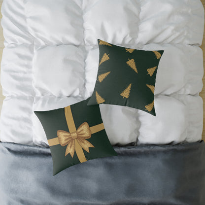 Emerald Gift Box Throw Pillow – Green & Gold Present with Pine Tree Pattern Back