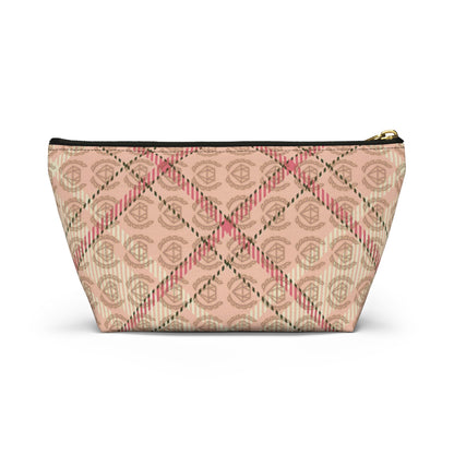 Elegant Plaid T-Bottom Accessory Pouch • Soft Pink Travel Bag with Boutique Monogram • Small or Large Sizes