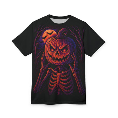 Skeleton Pumpkin Head AOP Halloween T-Shirt – Neon Spooky Jack-o’-Lantern Extra Large Print Tee (All-Over Print)